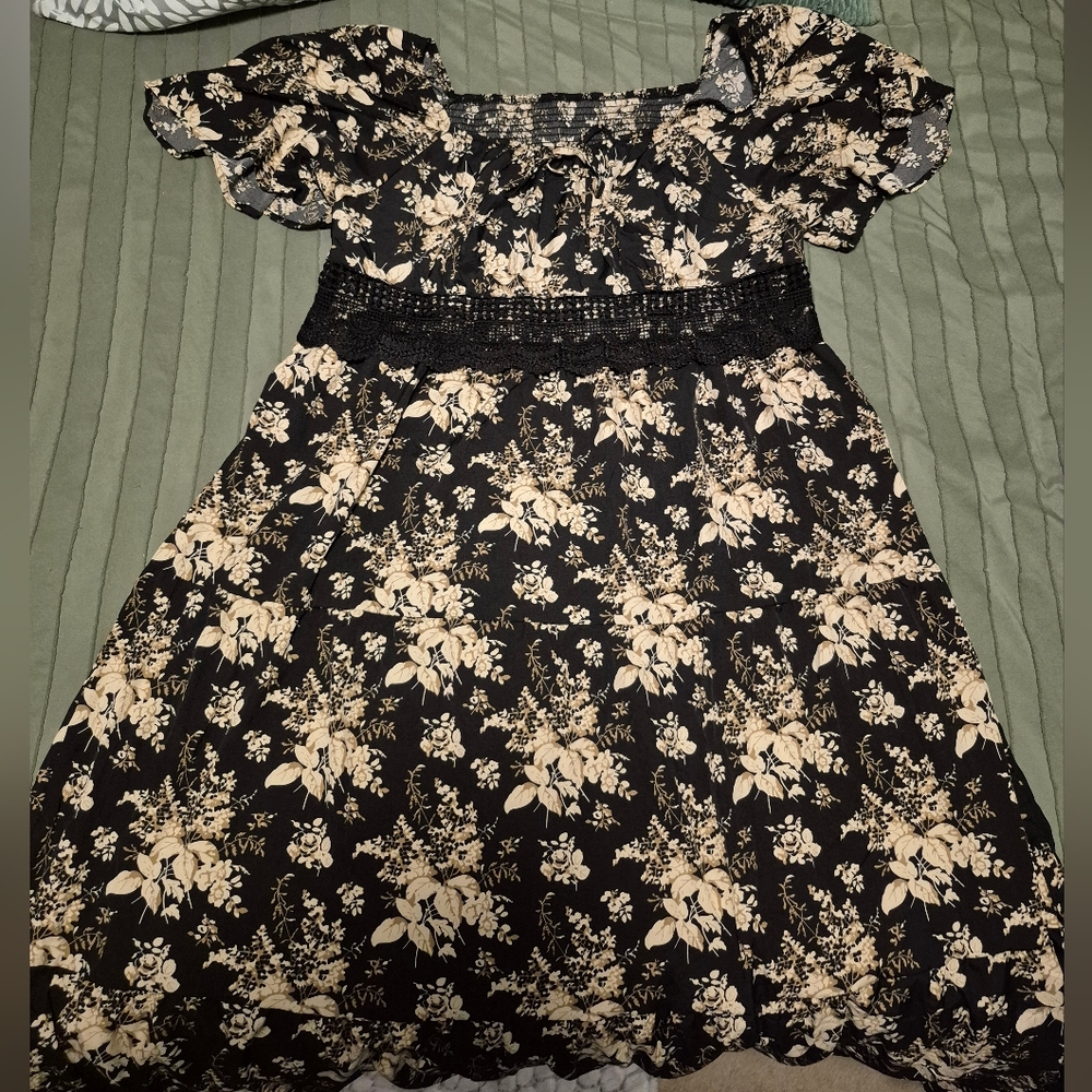 Off-Shoulder Black Floral Maxi Dress with Smocked Waist